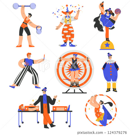 Circus Artist and Actor Man and Woman Character Performing on Stage Vector Set 124379276