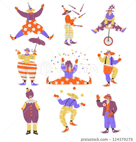 Colorful Clown Character with Bright Makeup and Nose Amusing Vector Set 124379278