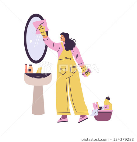 Cleaning with Woman Character Wipe Mirror in Bathroom Do Cleanup Vector Illustration Cleaning with Woman Character Wipe Mirror in Bathroom Do Cleanup Vector Illustration 124379288