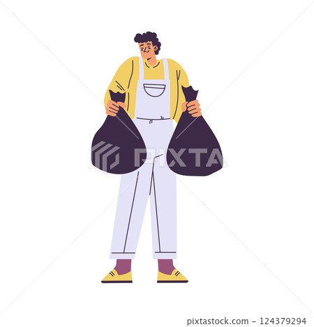 Cleaning with Man Character Holding Bag with Garbage Do Cleanup Vector Illustration 124379294