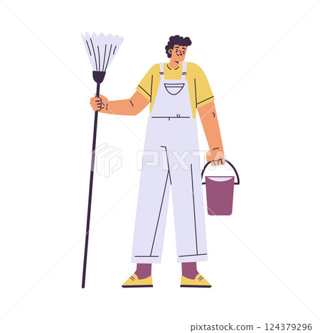 Cleaning with Man Character Standing with Bucket and Broom Do Cleanup Vector Illustration 124379296