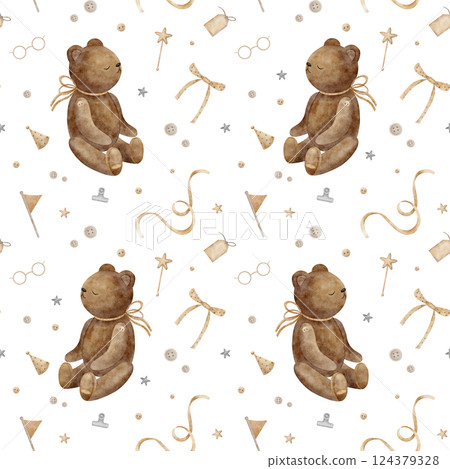 Seamless pattern teddy bear, ribbon, bow, buttons. Watercolor print in vintage style. Hand drawn illustrations isolated on background for textile, fabric, clothes, hobby, crafts, handmade, dolls, toys 124379328