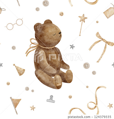 Watercolor pattern vintage toy bear, sewing and craft items. Illustrations buttons, ribbon, bow. Seamless print in retro style isolated on background for textile, fabric, clothes, hobby, dolls, toys 124379335