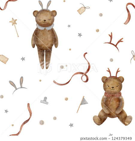 Watercolor pattern teddy bear, rabbit ears, deer horns, ribbon, buttons. Seamless print vintage toys, illustration isolated on background for textile design, fabric, clothes, hobby, crafts, handmade 124379349