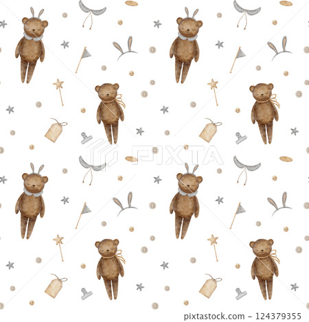 Seamless pattern teddy bear toys, bunny ears, buttons. Watercolor print in doll retro style. Hand drawn illustrations on white background for design of children's textiles, fabrics, packaging, clothes 124379355
