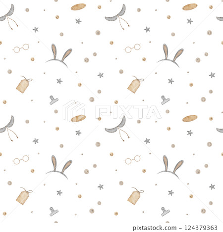 Seamless pattern bunny ears, buttons, tag, stars. Watercolor print in doll retro style. Hand drawn illustration isolated on background for design of children's textiles, fabrics, packaging, clothes 124379363