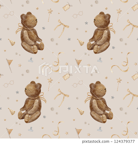 Watercolor drawing vintage toy bear, sewing and crafts. Illustrations buttons, ribbon, bow. Seamless retro print on color, beige, pastel background for textile, fabric, clothes, hobby, dolls, toys 124379377