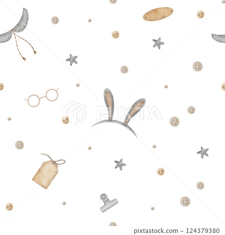 Watercolor pattern sewing items, rabbit ears, buttons, tag, stars. Seamless print vintage clothes illustrations in retro style isolated on background for textile design, fabric, clothing, hobby crafts 124379380
