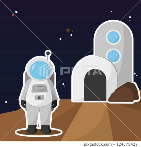 Cute astronaut character next to an outer space building Cute astronaut character next to an outer space building 124379422