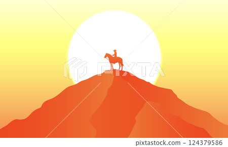 A stunning Wild West-themed vector illustration of a cowboy on horseback, silhouetted against a glowing sunset. Perfect for Western posters, backgrounds, adventure themes, and vintage-style designs 124379586