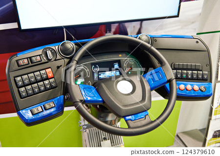 Simulator steering wheel and dashboard of electric bus 124379610