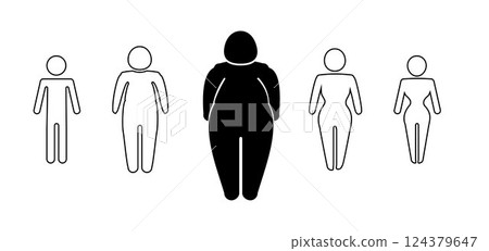 A man or woman diets and exercises from fat to fitness series frontal view. Figure and size person, body index mass. Vector 124379647