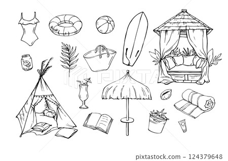Set of beach vacation doodles  124379648
