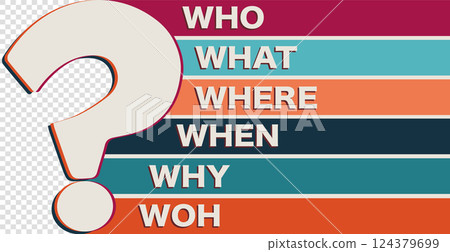 Banner copy space with question marks and Who-what-where-when-why-how text. Investigate and solve questions. Problem solving - Brainstorming concept 124379699