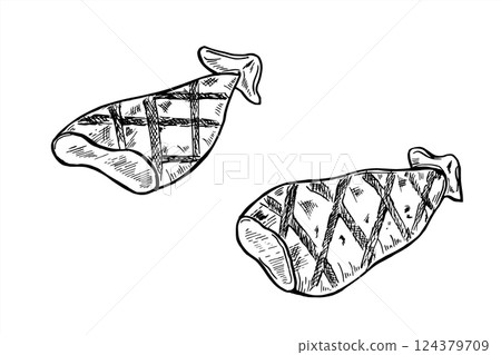 Monochrome grilled dressed squid tubes set vector illustration painted by black inks. Crispy calamari in Mediterranean style etching drawing. BBQ seafood realistic graphic sketch for izakaya design. Monochrome grilled dressed squid tubes set vector illustration painted by black inks. Crispy calamari in Mediterranean style etching drawing. BBQ seafood realistic graphic sketch for izakaya design. 124379709