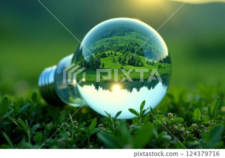 Lightbulb lies on the grass, reflecting a vibrant landscape with trees, a lake, and the setting sun, symbolizing renewable energy. 124379716