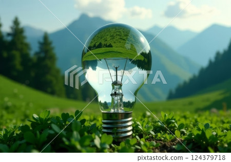 Clear light bulb stands on lush greenery, reflecting a vibrant mountain landscape and symbolizing clean energy and sustainability. Clear light bulb stands on lush greenery, reflecting a vibrant mountain landscape and symbolizing clean energy and sustainability. 124379718