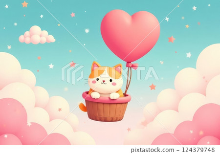 Adorable cartoon kitten soaring in a basket suspended by a heart-shaped balloon in a whimsical sky with fluffy clouds and twinkling stars 124379748