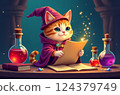 Cute, ginger tabby kitten dressed as a wizard, is studying an open book with potions at its side, creating a magical atmosphere 124379749