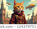 Dapper steampunk ginger cat strikes a regal pose against a background of airships. 124379751