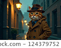 An orange tabby cat is dressed in a trench coat and fedora on a rainy city street 124379752