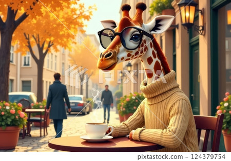 Giraffe wearing a beige turtleneck and glasses enjoys a cup of coffee at an outdoor cafe on a crisp autumn day. 124379754