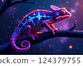 Vibrant chameleon perched on a branch with a cosmic backdrop, showcasing a blend of colors and shimmering lights, creating a surreal scene. 124379755