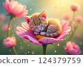 An adorable orange tabby kitten sleeps peacefully nestled in the petals of a vibrant pink flower, surrounded by a dreamy, bokeh-filled meadow. 124379759
