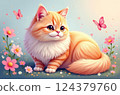 Cute, fluffy, ginger cat sits in a field of pink flowers with butterflies fluttering around it, all against a light blue background 124379760