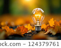 Bright light bulb illuminates a bed of autumn leaves, symbolizing ideas, inspiration, and the intersection of nature and innovation 124379761