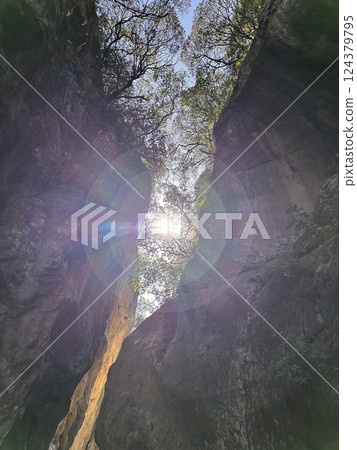 Sunlight filtering through a narrow canyon with lush greenery and vibrant colors creating a serene nature scene concept Sunlight filtering through a narrow canyon with lush greenery and vibrant colors creating a serene nature scene concept 124379795
