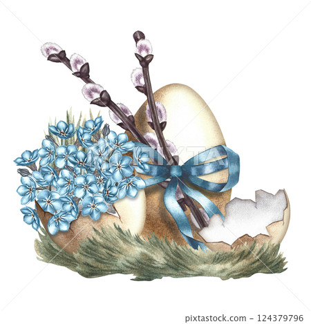 Vintage Easter greeting card with egg, forget-me-nots, willow. A hand-drawn watercolor illustration. The isolate. For making greeting cards and invitations for Easter, packaging, labels and stickers. Vintage Easter greeting card with egg, forget-me-nots, willow. A hand-drawn watercolor illustration. The isolate. For making greeting cards and invitations for Easter, packaging, labels and stickers. 124379796