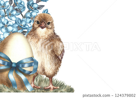 A frame of forget-me-nots, an Easter egg and a hatched chicken. A hand-drawn watercolor illustration. Blue floral template for labels. For greeting Easter cards invitations, packaging and posters. A frame of forget-me-nots, an Easter egg and a hatched chicken. A hand-drawn watercolor illustration. Blue floral template for labels. For greeting Easter cards invitations, packaging and posters. 124379802