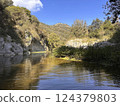Serene river landscape with lush greenery and rocky cliffs under a clear blue sky reflecting nature's beauty concept 124379803