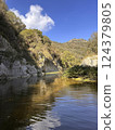 Serene river landscape with lush greenery and rocky cliffs under a bright blue sky reflecting on water surface nature concept 124379805