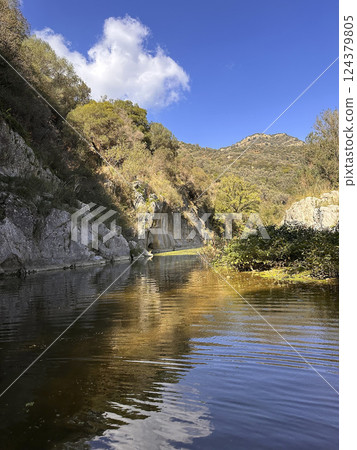 Serene river landscape with lush greenery and rocky cliffs under a bright blue sky reflecting on water surface nature concept 124379805