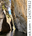 Majestic rock formations towering over calm water in a serene canyon landscape nature exploration concept 124379812