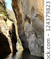 Majestic rock formations towering over serene waterway in a stunning canyon landscape nature exploration concept 124379823