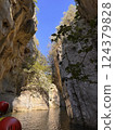 Majestic rock formations towering over serene waterway under clear blue sky in stunning natural landscape concept 124379828