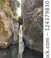 Majestic rock formations create a narrow passageway leading to tranquil waters in a stunning natural landscape concept 124379830