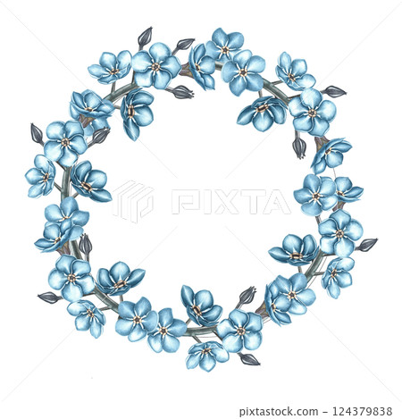 A wreath of forget-me-nots. Hand-made watercolor illustration. A color image of a round frame. For greeting cards and invitations for birthday, anniversary or wedding. For packaging, labels and poster A wreath of forget-me-nots. Hand-made watercolor illustration. A color image of a round frame. For greeting cards and invitations for birthday, anniversary or wedding. For packaging, labels and poster 124379838