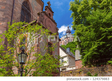 Landgrafenschloss castle in Marburg Germany with fachwerk houses 124379863