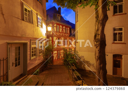 Fachwerk house at night in old town of Marburg Germany 124379868