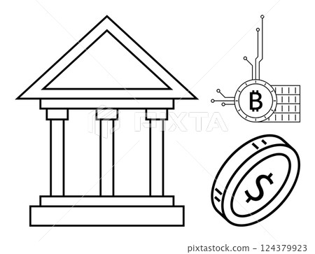 Bank building, Bitcoin, and dollar coin in black and white. Ideal for banking, finance, cryptocurrency, digital transactions, and economic themes. Simple line art style Bank building, Bitcoin, and dollar coin in black and white. Ideal for banking, finance, cryptocurrency, digital transactions, and economic themes. Simple line art style 124379923