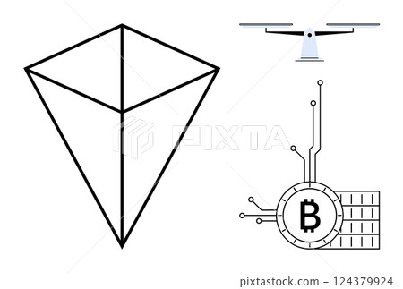 A geometric shape, a drone, and a Bitcoin symbol are combined in modern minimalist style. Ideal for cryptocurrency technology, blockchain, drones, futuristic designs, and modern vector art themes A geometric shape, a drone, and a Bitcoin symbol are combined in modern minimalist style. Ideal for cryptocurrency technology, blockchain, drones, futuristic designs, and modern vector art themes 124379924
