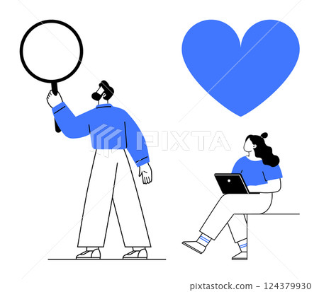 Man holding a magnifying glass, examining, while a woman uses a laptop seated beneath a blue heart. Ideal for teamwork, online dating, research, digital learning, collaboration, tech support 124379930