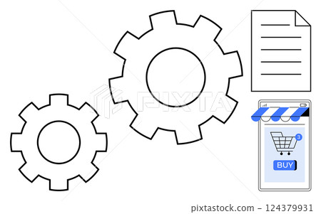 Two gears, a document, and a smartphone with a shopping cart convey automation and e-commerce. Ideal for technology, business, online shopping, automation, and marketing themes. Simple, modern, clean 124379931