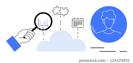 Hand holding magnifying glass analyzing data with cloud, puzzle pieces, calendar, and user profile icons. Ideal for teamwork, data management, online collaboration, time management, cloud services Hand holding magnifying glass analyzing data with cloud, puzzle pieces, calendar, and user profile icons. Ideal for teamwork, data management, online collaboration, time management, cloud services 124379932