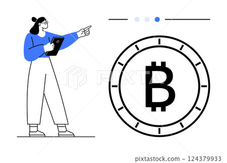 Woman holding a tablet, pointing at a Bitcoin symbol within a circle. Three dots with one highlighted in blue. Ideal for cryptocurrency education, financial technology, digital currency, blockchain Woman holding a tablet, pointing at a Bitcoin symbol within a circle. Three dots with one highlighted in blue. Ideal for cryptocurrency education, financial technology, digital currency, blockchain 124379933