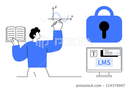 A person holding a book and writing on a graph. A lock symbol for security and a computer screen showing LMS. Ideal for education, e-learning, data security, learning management, content creation 124379947